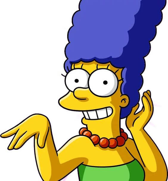 Marge Simpson sonriente y expresiva. Levanta ambas manos en un gesto de alegría. Con una mano, parece estar tocándose el cabello, mientras que la otra mano la extiende hacia adelante en un gesto enérgico. Su cabello azul característico está recogido en su clásico peinado alto. Marge irradia felicidad y entusiasmo.